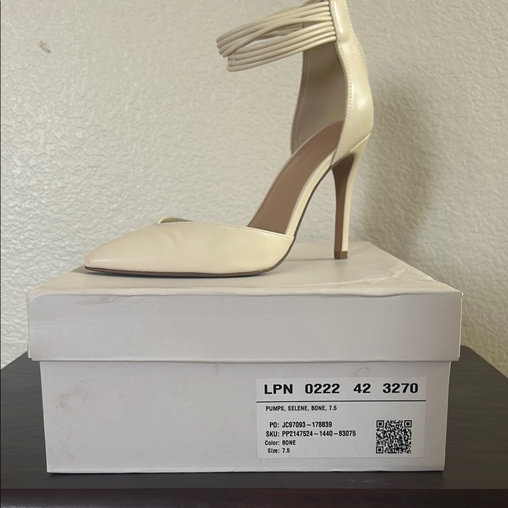 Cream High-Heeled d'Orsay Pumps with Ankle Strap